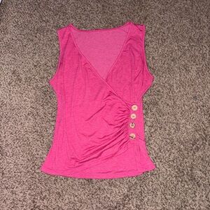 Pink Y2K ruched layered v neck sleeveless top with buttons